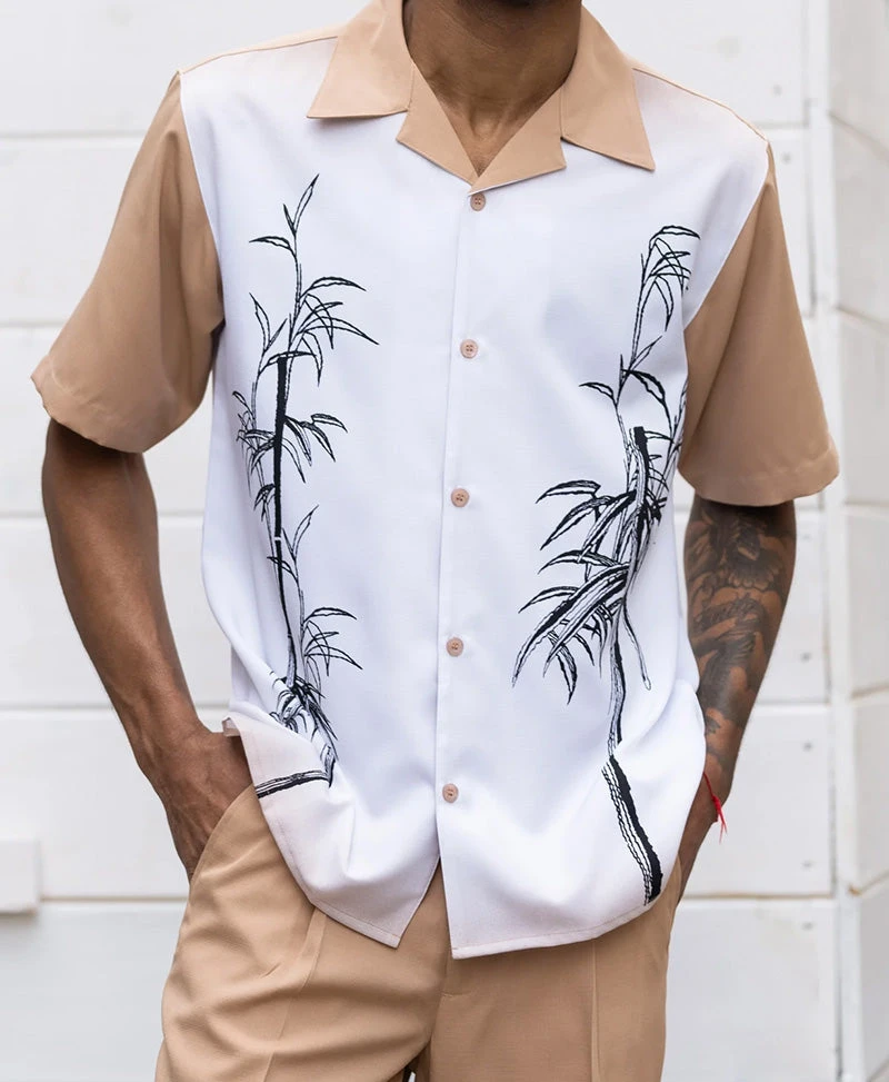 (XL) Tan Tropical Print 2 Piece Short Sleeve Walking Suit Set 3 (XL) Tan Tropical Print 2 Piece Short Sleeve Walking Suit Set