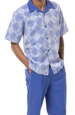 (XL, 4XL) Royal Blue 2 Piece Short Sleeve Men's Summer Walking Suit Argyle Pattern
