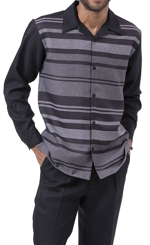 Black Horizontal Design 2 Piece Long Sleeve Walking Suit Set 3 Black Horizontal Design 2 Piece Long Sleeve Walking Suit Set