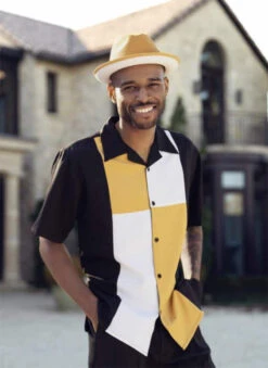 Gold Color Block Walking Suit 2 Piece Short Sleeve Set -Shirts Sales Store 2301 gold2