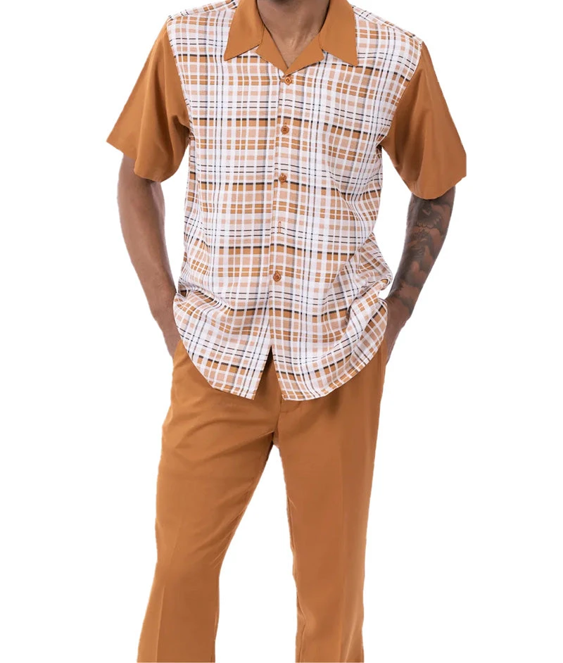 Cognac Plaid Walking Suit 2 Piece Short Sleeve Set 3 Cognac Plaid Walking Suit 2 Piece Short Sleeve Set