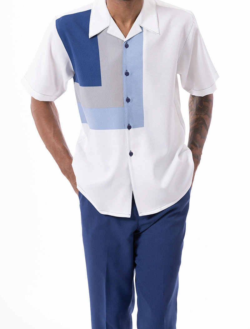 Navy Geometric Design Walking Suit 2 Piece Short Sleeve Set 3 Navy Geometric Design Walking Suit 2 Piece Short Sleeve Set