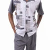 Gray Line Pattern Walking Suit 2 Piece Short Sleeve Set -Shirts Sales Store 2313 GRAY