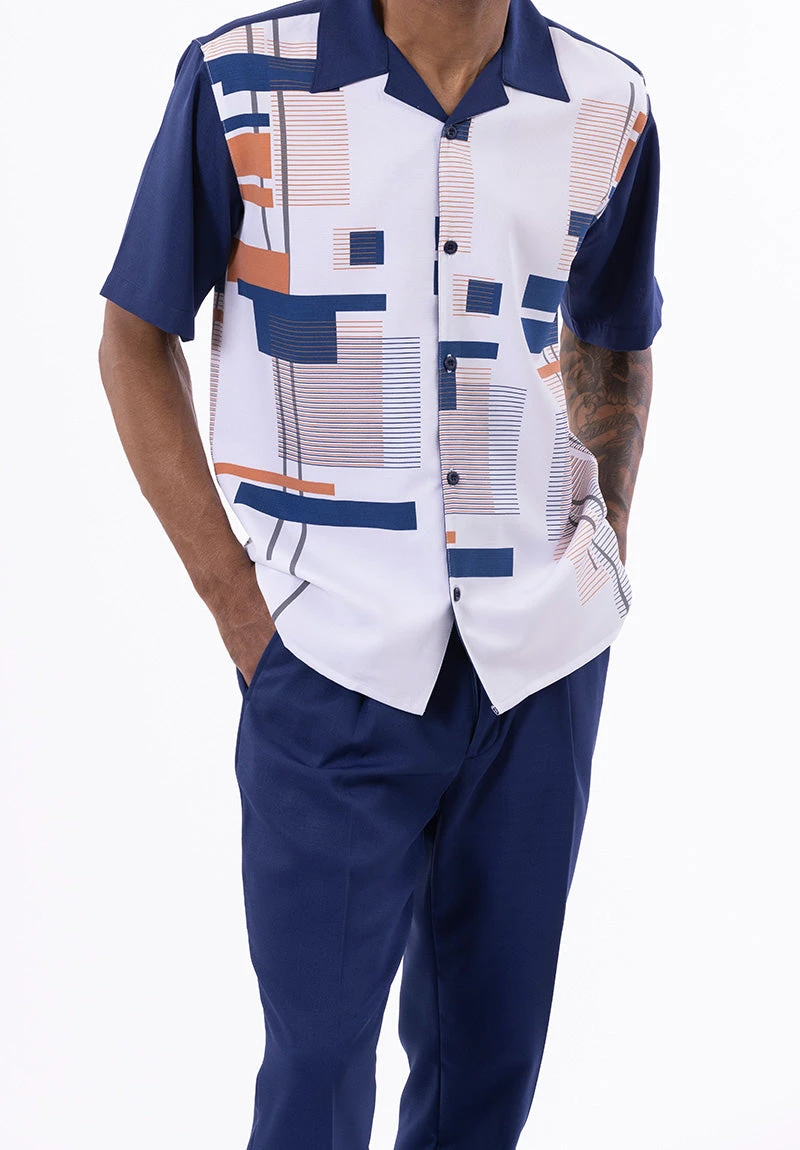 Navy Line Pattern Walking Suit 2 Piece Short Sleeve Set 3 Navy Line Pattern Walking Suit 2 Piece Short Sleeve Set