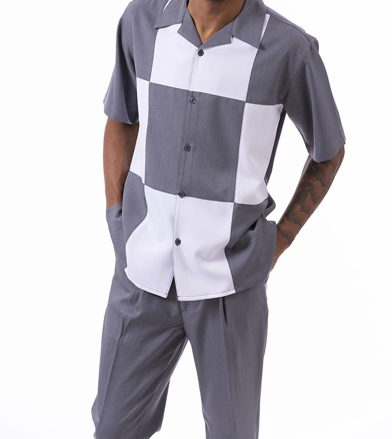 Gray Color Block Walking Suit 2 Piece Short Sleeve Set 3 Gray Color Block Walking Suit 2 Piece Short Sleeve Set