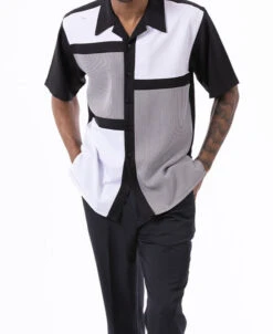 Black Color Block Walking Suit 2 Piece Short Sleeve Set