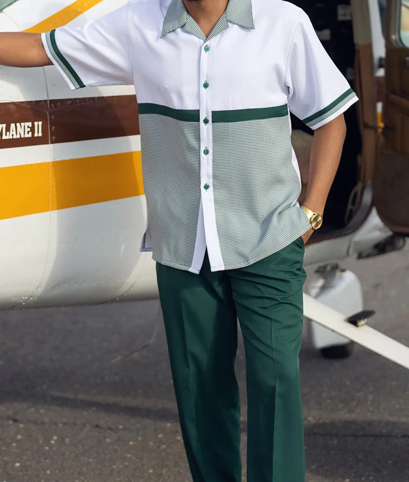 Emerald Houndstooth Horizontal Color Block Walking Suit 2 Piece Short Sleeve Set 3 Emerald Houndstooth Horizontal Color Block Walking Suit 2 Piece Short Sleeve Set