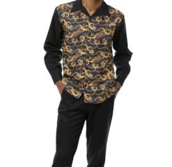 Black Feather And Paisley Front Design 2 Piece Long Sleeve Walking Suit Set