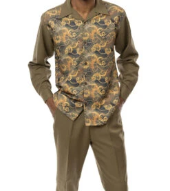 Olive Feather And Paisley Front Design 2 Piece Long Sleeve Walking Suit Set