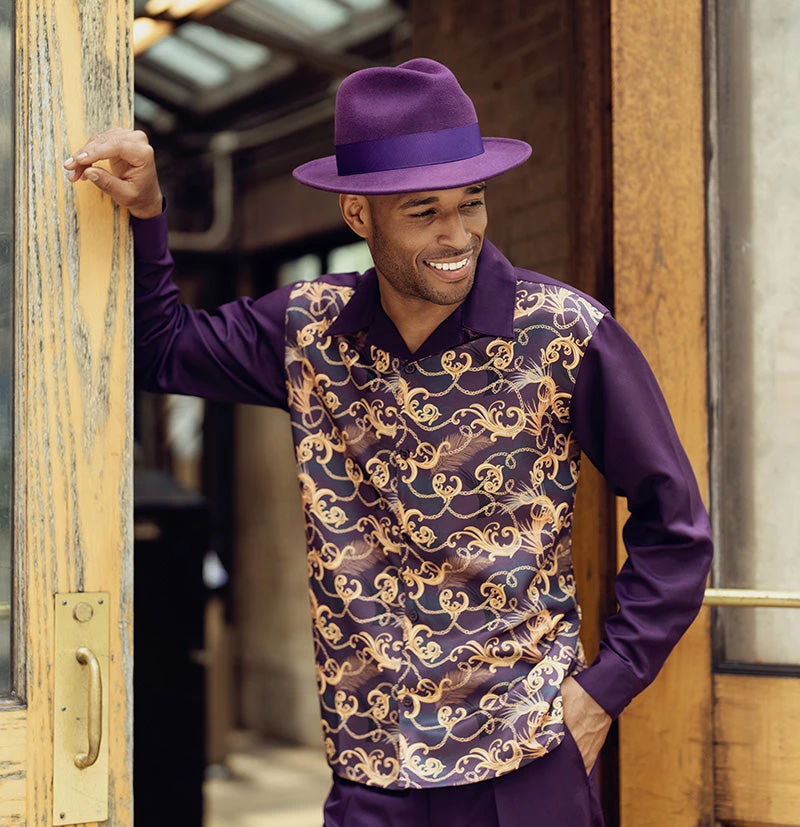 Blackberry Feather And Paisley Front Design 2 Piece Long Sleeve Walking Suit Set 3 Blackberry Feather And Paisley Front Design 2 Piece Long Sleeve Walking Suit Set