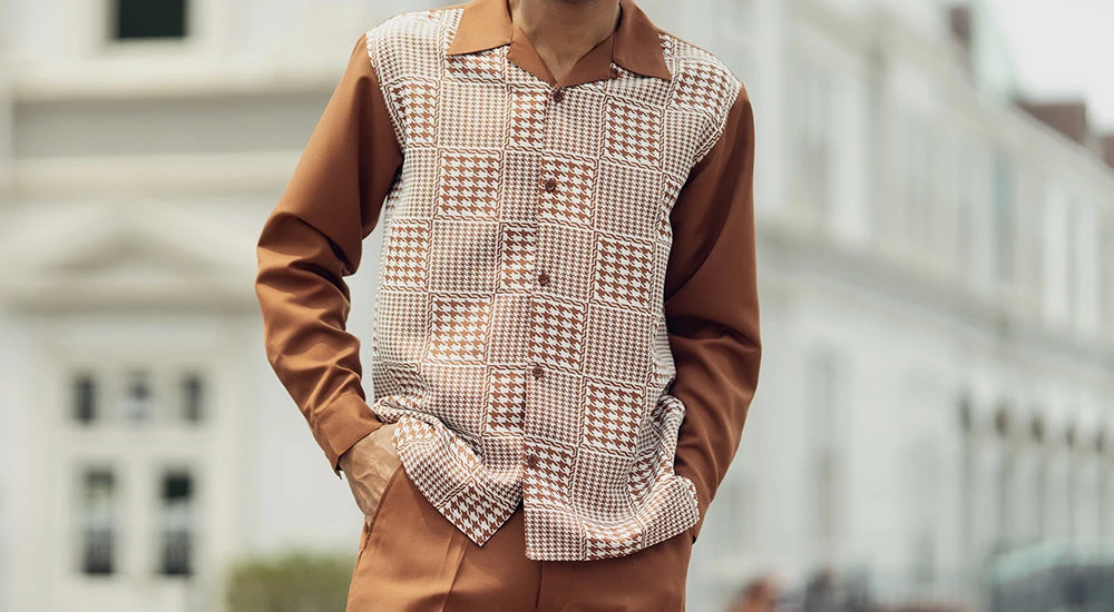 Cognac Square Patterned 2 Piece Long Sleeve Walking Suit Set 3 Cognac Square Patterned 2 Piece Long Sleeve Walking Suit Set