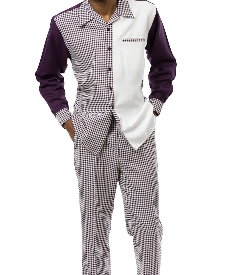 Plum Checkered 2 Piece Long Sleeve Walking Suit Set 3 Plum Checkered 2 Piece Long Sleeve Walking Suit Set