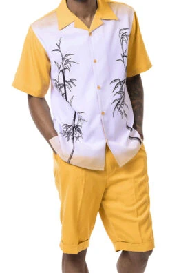 Gold Tropical Print 2 Piece Short Sleeve Walking Suit With Shorts