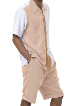 Tan Houndstooth 2 Piece Short Sleeve Walking Suit Set With Shorts
