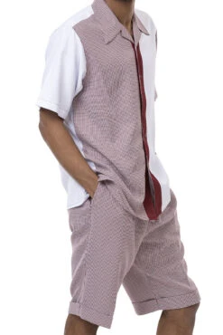 Burgundy Houndstooth 2 Piece Short Sleeve Walking Suit Set With Shorts