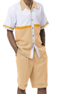Gold 2 Piece Short Sleeve Walking Suit Set Horizontal Color Block With Shorts