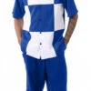 Cobalt Blue Color Block Walking Suit 2 Piece Short Sleeve Set With Shorts -Shirts Sales Store 72314 cobalt