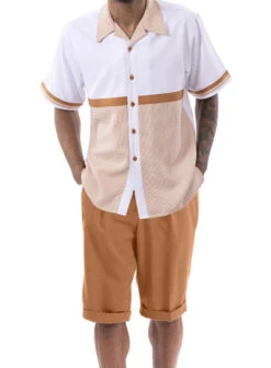 Cognac Houndstooth Color Block Walking Suit 2 Piece Short Sleeve Set With Shorts