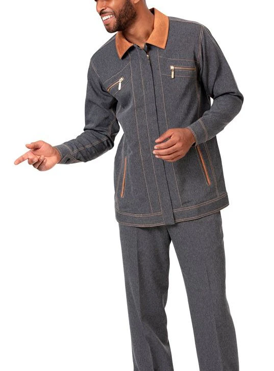 Men's 2 Piece Long Sleeve Denim Feel Walking Suit In Black 3 Men's 2 Piece Long Sleeve Denim Feel Walking Suit In Black