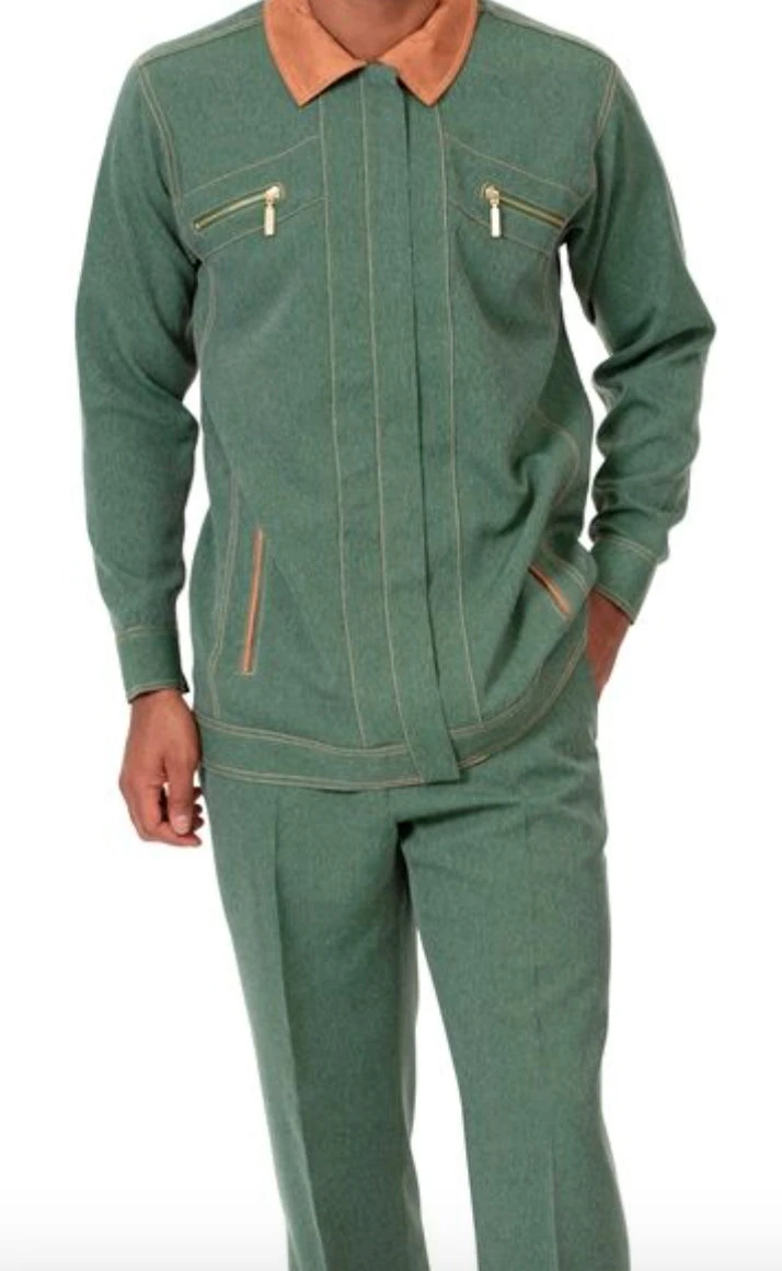 Men's 2 Piece Long Sleeve Denim Feel Walking Suit In Hunter Green 3 Men's 2 Piece Long Sleeve Denim Feel Walking Suit In Hunter Green