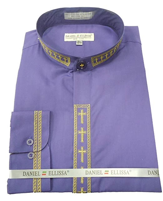 Men's Banded Collar Embroidered Shirt In Purple/Gold 3 Men's Banded Collar Embroidered Shirt In Purple/Gold