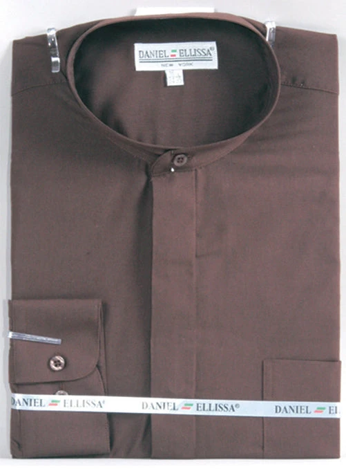 Basic Banded Collar Dress Shirt In Dark Brown 3 Basic Banded Collar Dress Shirt In Dark Brown