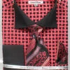 French Cuff Checker Pattern Cotton Shirt In Black/Coral With Tie, Cuff Links And Pocket Square 2 French Cuff Checker Pattern Cotton Shirt In Black/Coral With Tie, Cuff Links And Pocket Square -Shirts Sales Store DS3782P2 BK CORAL