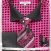 French Cuff Checker Pattern Cotton Shirt In Black/Fuchsia With Tie, Cuff Links And Handkerchief