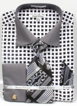 French Cuff Checker Pattern Cotton Shirt In Black/White With Tie, Cuff Links And Handkerchief