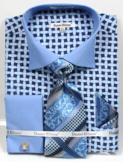 French Cuff Checker Pattern Cotton Shirt In Blue With Tie, Cuff Links And Handkerchief