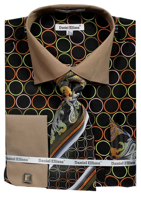 French Cuff Printed Cotton Shirt In Black/Taupe With Tie, Cuff Links And Handkerchief 3 French Cuff Printed Cotton Shirt In Black/Taupe With Tie, Cuff Links And Handkerchief