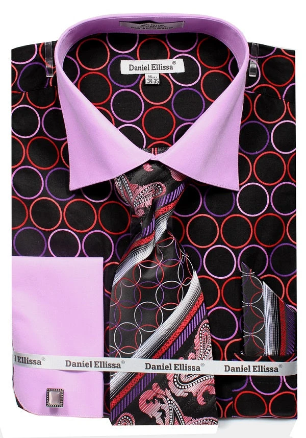 French Cuff Circle Printed Cotton Shirt In Black/Lilac With Tie, Cuff Links And Handkerchief 3 French Cuff Circle Printed Cotton Shirt In Black/Lilac With Tie, Cuff Links And Handkerchief
