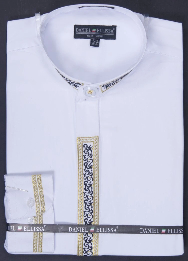 Basic Banded Collar Dress Shirt With Embroidery In White 3 Basic Banded Collar Dress Shirt With Embroidery In White
