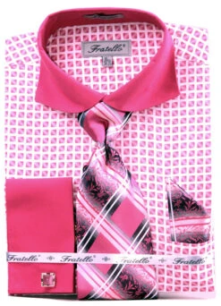 French Cuff Checker Pattern Cotton Shirt In Fuchsia With Tie, Cuff Links And Handkerchief