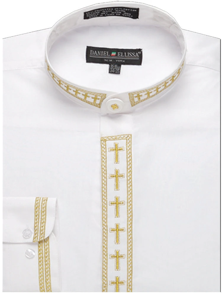 Men's Banded Collar Embroidered Shirt In White/Gold 3 Men's Banded Collar Embroidered Shirt In White/Gold