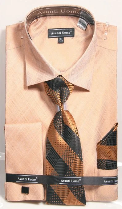 French Cuff Regular Fit Shirt In Tan With Tie, Cuff Links And Handkerchief 3 French Cuff Regular Fit Shirt In Tan With Tie, Cuff Links And Handkerchief