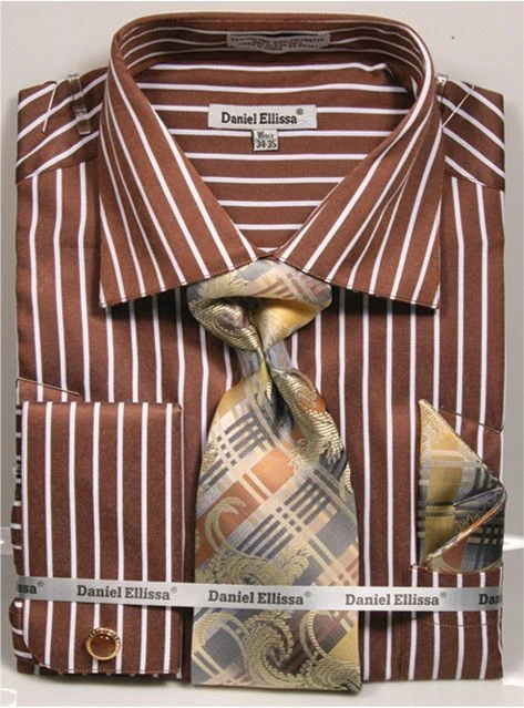 French Cuff Regular Fit Shirt Set Bold Stripe Brown With Tie, Cuff Links And Hanky 3 French Cuff Regular Fit Shirt Set Bold Stripe Brown With Tie, Cuff Links And Hanky